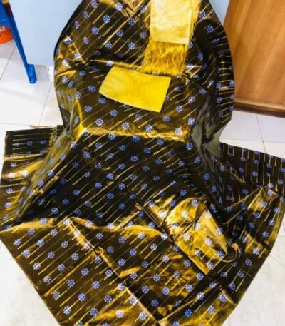 Bazin Teinté Noir & Doré à Motifs Bleus “Éclat Majestueux”